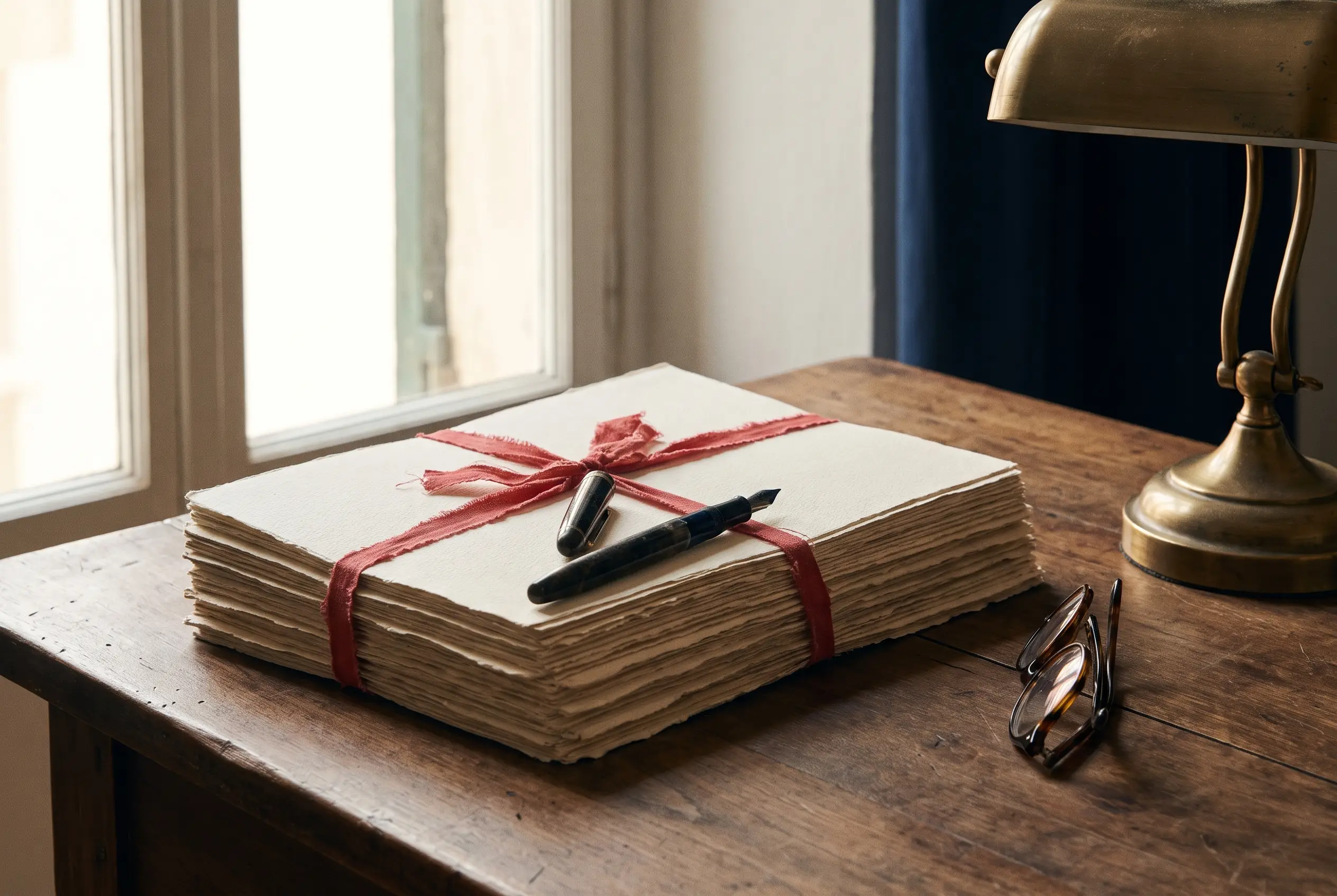 Expediente civil atado con balduque rojo, pluma estilográfica y gafas de lectura sobre una mesa de trabajo junto a la ventana