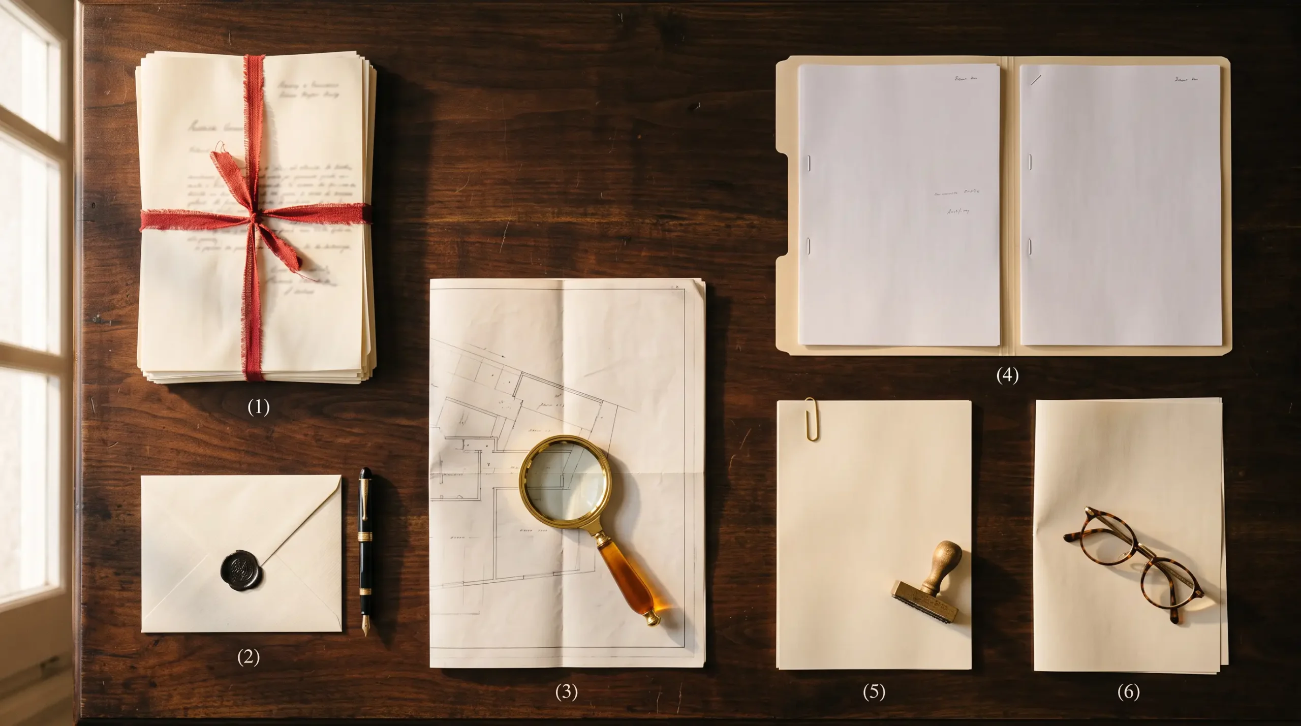 Mesa de trabajo vista desde arriba con seis expedientes civiles separados: escritura notarial atada con balduque, testamento lacrado, nota registral con lupa, carpeta de familia, requerimiento de deuda y parte de siniestro