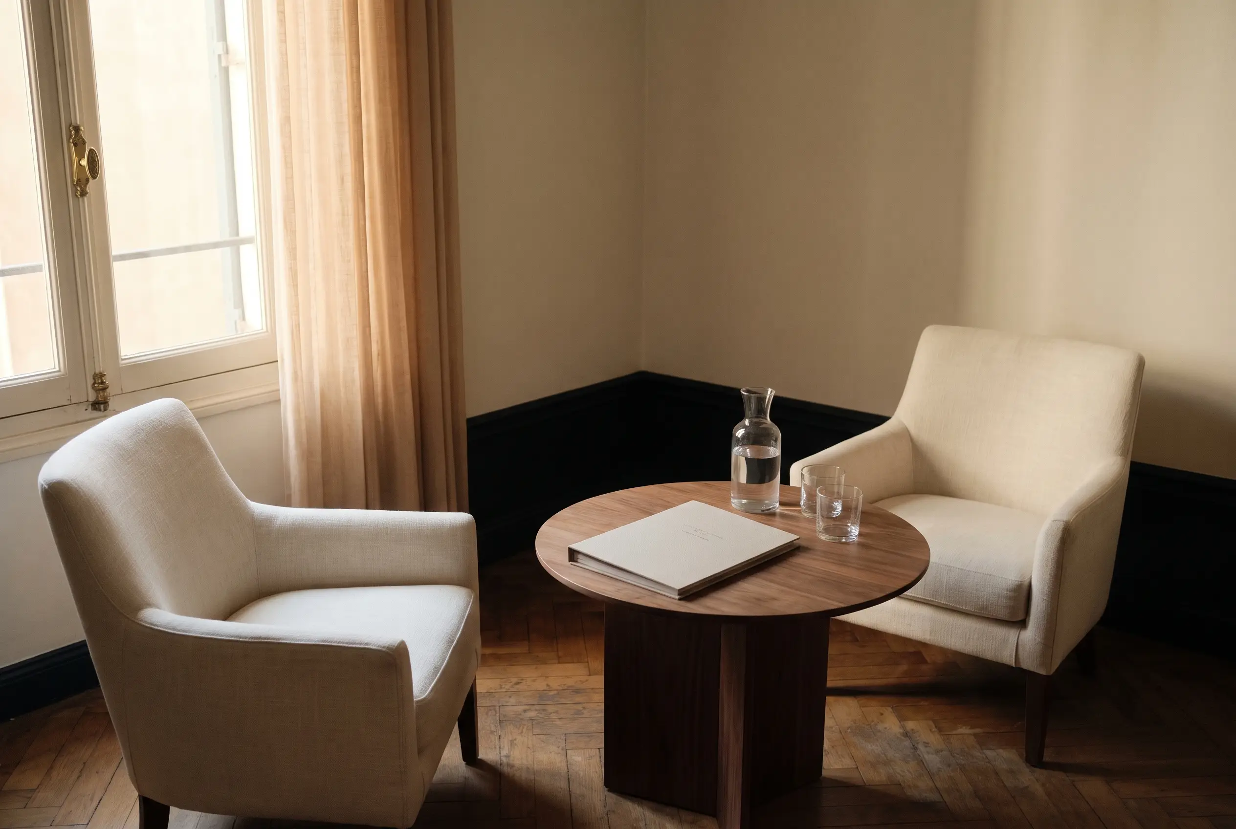 Dos butacas y una mesa baja con una carpeta y agua, dispuestas para una reunión de valoración de un caso civil